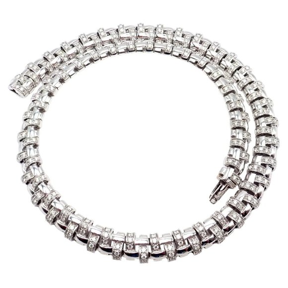 Authentic! Tiffany & Co Vannerie 18k White Gold Basket Weave Diamond Necklace - Picture 12 of 14